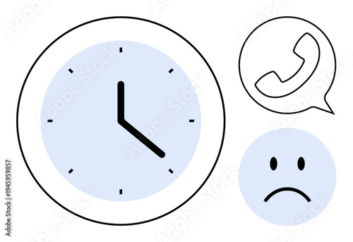 Time management concept. Illustration of clock time with phone icon and sad face depicting challenges in communication and punctuality. For productivity, workflow, teamwork, deadlines, and workplace
