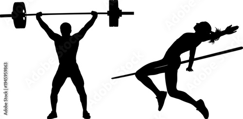Black silhouettes of a male weightlifter lifting a heavy barbell and a female athlete throwing a javelin isolated on white background for sports.