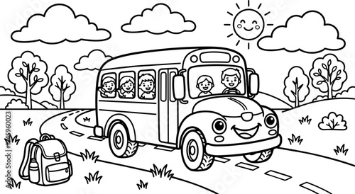 Smiling school bus with happy children riding along winding road with trees clouds and sun cartoon style vector illustration
