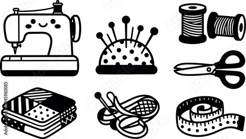 Cute smiling sewing machine with pincushion scissors measuring tape patchwork fabric and sewing threads vector icons set