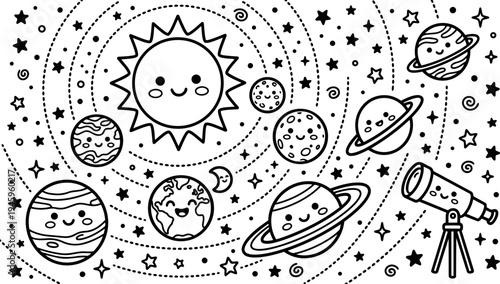 Cute black and white line art smiling sun and planets with telescope in outer space with stars and dotted orbits vector illustration