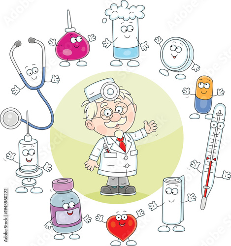Good old doctor surrounded by funny cartoon characters of a medical syringe, tablet, cotton wool, aspirator, stethoscope, heart, thermometer, granule, bandage, vial, vector cartoon illustration