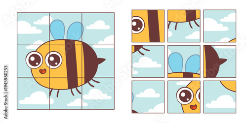 Educational kids puzzle with a cute cartoon bee divided into pieces. Children assemble the image to develop logic, visual perception, and early learning skills through playful activity.