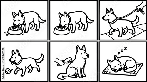 Black and white line art sequence of dog eating drinking walking with leash playing fetching ball grooming and sleeping on bed