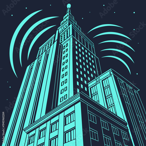 A modern skyscraper illustration with a sleek design and vibrant teal color scheme against a dark night sky