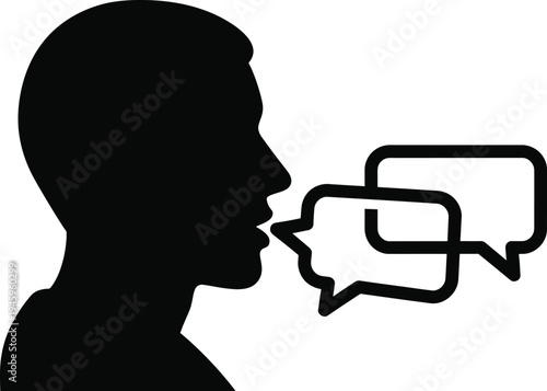 Silhouette of a man speaking with two speech bubbles