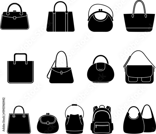 Black silhouettes of various women handbags purses fashion accessories and backpacks collection vector isolated on white background for retail shopping online store and luxury branding