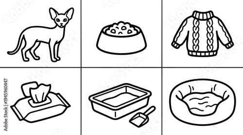 Minimalist black line art set of cat empty bowl warm sweater wet wipes litter box and soft pet bed icons