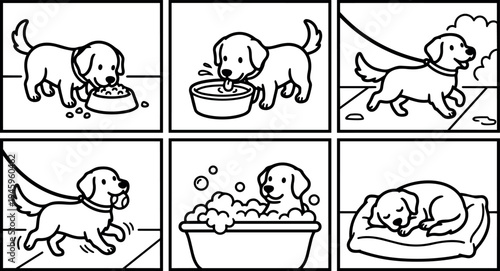 Cute dog eating drinking walking playing with ball in bubbles bathtub and sleeping on bed vector line art sequence illustration