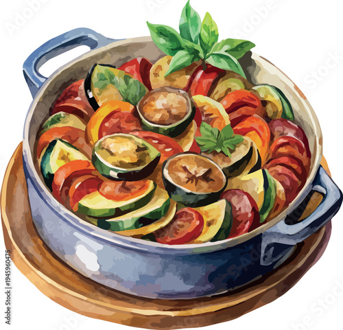Traditional Ratatouille Healthy Vegetable Food Watercolor Illustration