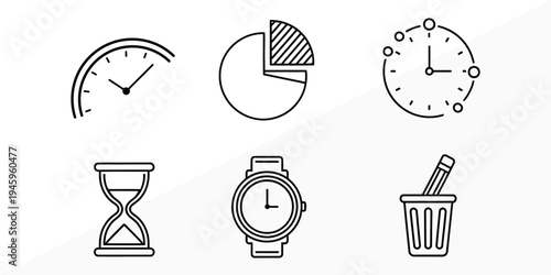 A collection of six time and data related icons in black and white