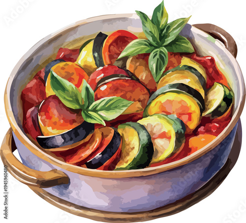 French Ratatouille Vegetable Dish Watercolor Vector Illustration