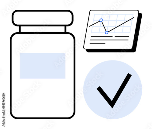 Medical bottle signifies pharmaceuticals, chart represents data analysis, and checkmark indicates approval or quality. Ideal for health, medicine, data, research, analysis, approval diagnostics