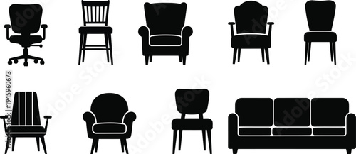 Silhouette of various furniture pieces in black on white background silhouette