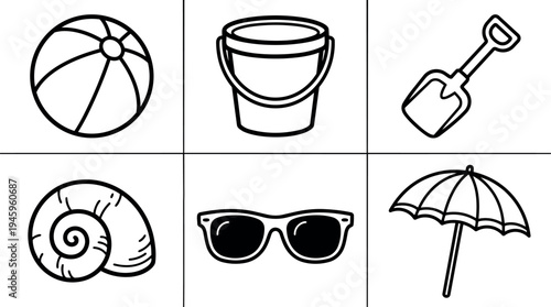Minimalist black line art of beach ball bucket shovel seashell sunglasses and umbrella vector icons set