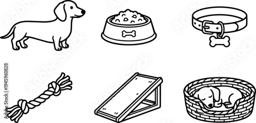 Simple black and white vector icons of dachshund dog food bowl collar rope toy ramp and sleeping dog basket set