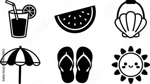 Black and white vector icons of refreshing summer drink with straw lemon slice watermelon slice seashell umbrella flip flops and smiling sun face