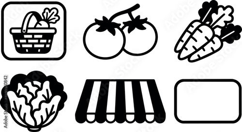 Black and white minimalist icons of fresh tomatoes carrots lettuce vegetable basket and market stall in simple vector art