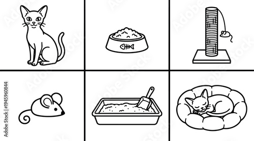 Black and white line art of cat objects including sitting cat bowl of food scratching post mouse litter box sleeping kitten in bed vector illustration