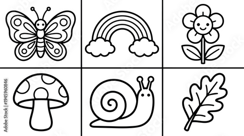 Black and white line art vector set featuring smiling flower butterfly snail mushroom rainbow and leaf icons simple minimal design playful style