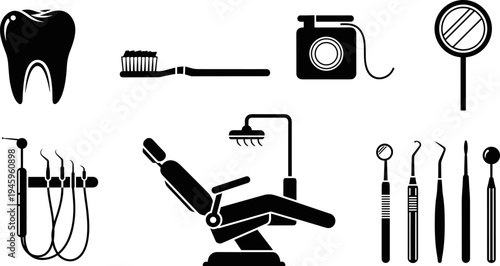 Comprehensive Dental Care Icon Collection Featuring Professional Dentist Chair Toothbrush Tooth Floss Medical Mirrors and Surgical Tools Silhouette Vector for Stomatology and Oral Hygiene Design