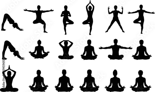 Comprehensive Yoga Silhouette Set Featuring Tree Pose Downward Dog Lotus Meditation and Diverse Standing Asanas for Wellness Fitness Mindful Exercise and Healthy Lifestyle Vector Design