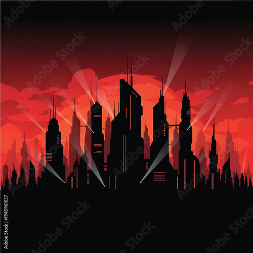 Futuristic Cityscape at Sunset with Dramatic Lights