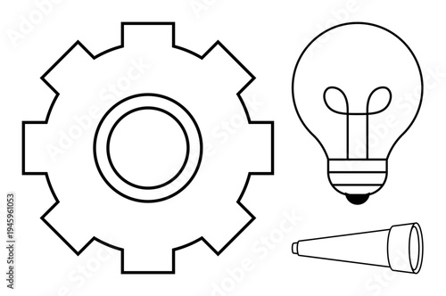 Innovation concept. Visual icons thumbs up a gear, light bulb, and telescope mechanisms, creativity, and exploration. Innovation drives ideas, problem-solving and technological growth. Relevant