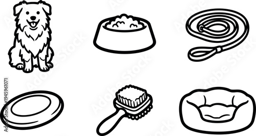 Black and white line art dog with puppy bowl leash frisbee brush and pet bed icons simple cartoon style vector