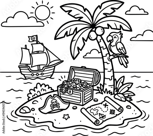 Black and white line art treasure chest open on island with pirate ship sailing nearby palm tree and parrot under sun and clouds