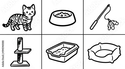 Hand drawn black and white cat standing with food bowl scratching post litter box and pet bed simple vector line art collection