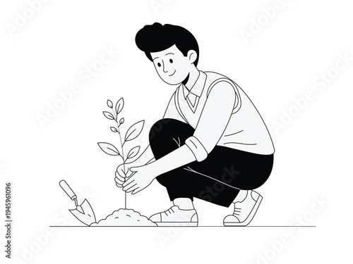 Young man planting a small tree in garden line art illustration