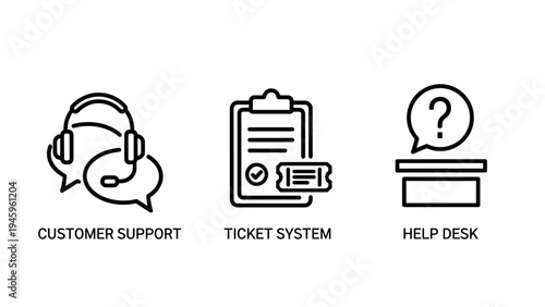 Customer support, ticket system, and help desk line icons for online service and assistance centers
