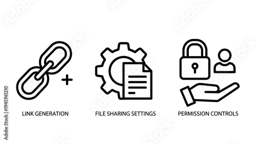 Digital security and data management icons: link, file sharing, and permission control concepts for modern interfaces