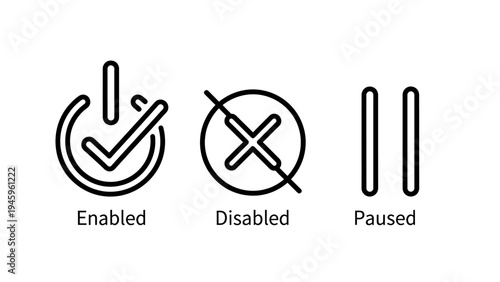 Status and control interface icons: enabled, disabled, and paused symbols for digital systems and applications