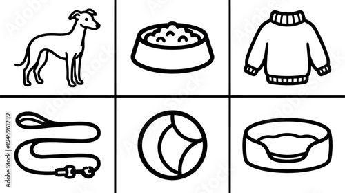 Black and white line art set of dog with food bowl sweater leash ball and pet bed simple vector icons