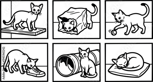 Black and white line art six panel cat playing with shoe tube ball and resting on pillow vector illustration