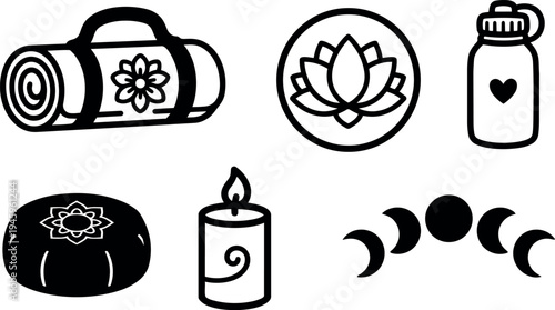 Minimalist black and white yoga mat lotus flower candle water bottle wellness icons set vector art collection