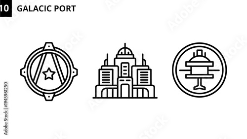 Futuristic galactic port and advanced city icons: science fiction concepts of space exploration and urban development