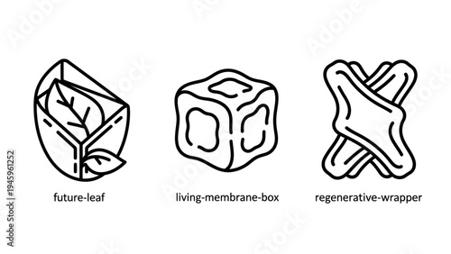 Sustainable bio-packaging icons: future leaf, living membrane box, and regenerative wrapper concepts