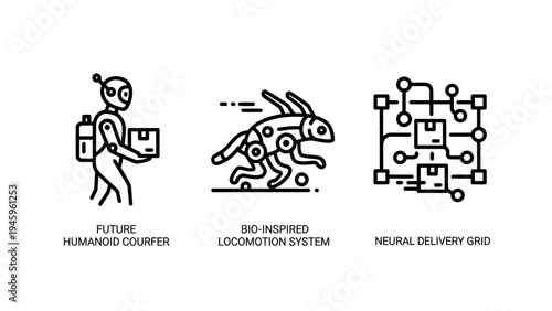 Future logistics and bio-inspired delivery systems icons: robot courier, locomotion, and neural grid concepts