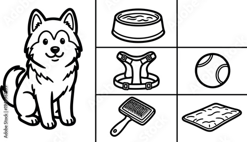 Black outline vector art of happy sitting husky dog and separate icons of food bowl harness tennis ball brush and pet blanket collection