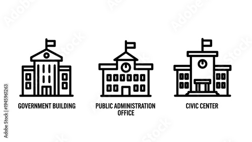 Government building and public administration office icons for official services and civic engagement