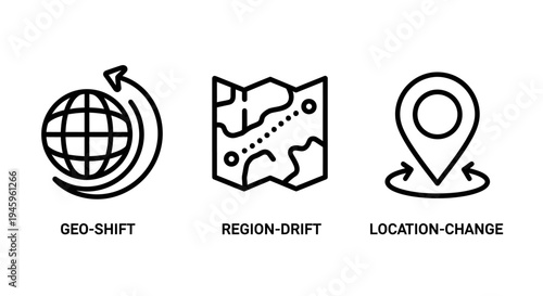 Global location and navigation icons: geo-shift, region-drift, and location-change symbols for mapping