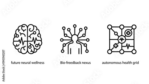 Future neural wellness and autonomous health grid icons: brain, biofeedback, and digital medical technology