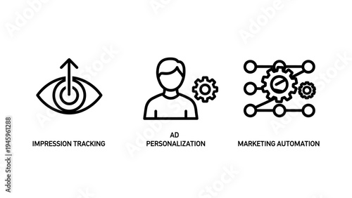 Digital marketing automation and ad personalization icons for business analytics and strategy
