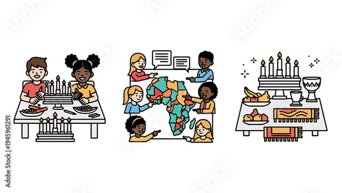 Kwanzaa celebration and african unity culture icons set for holiday festivities and community heritage