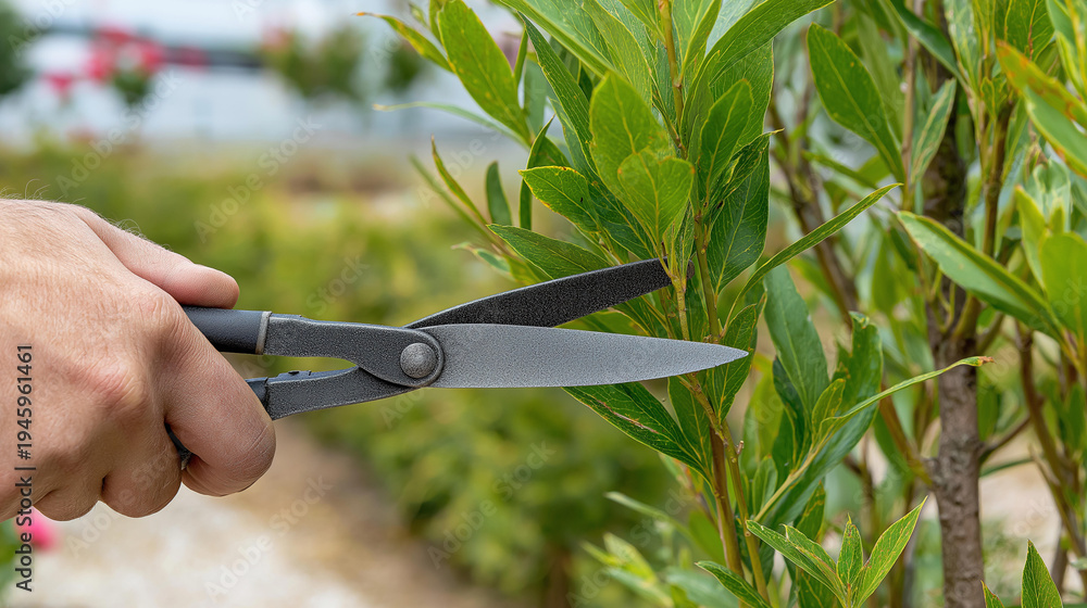Fototapeta premium Faceless gardener sharpening a pruning shear blade with a file outdoors beside growing plants, defocused garden landscape, garden pruner sharpening, file sharpening outdoor,