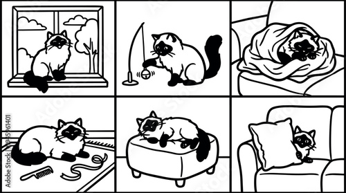 Black and white line art six panel comic showing fluffy cat sitting on window sill playing with fishing toy napping wrapped in blanket lying on floor sleeping on ottoman hiding behind couch pillow