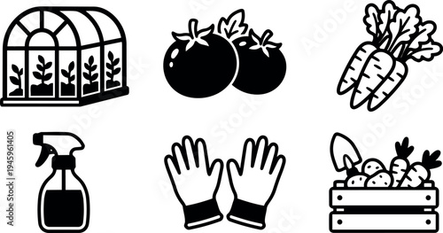 Black and white vector icons of greenhouse plants tomatoes carrots spray bottle protective gardening gloves and vegetable crate garden tools